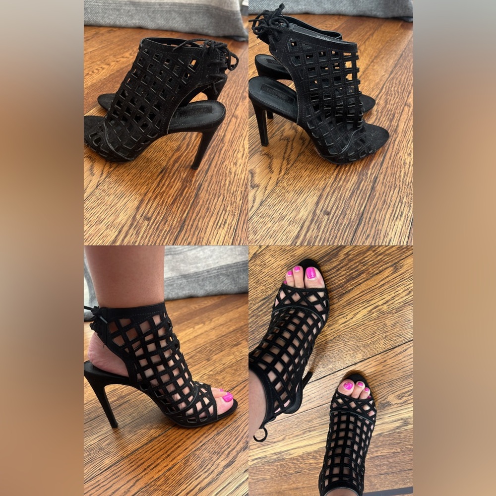 Forever21 Black Faux Suede Woven Stiletto Lace Up Heels - Sz 7.5 - Work Once!